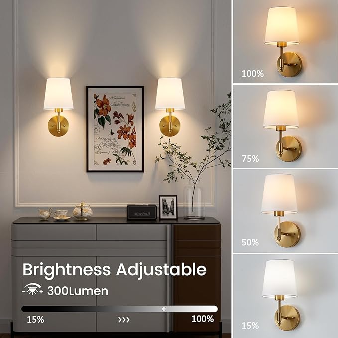 Rechargeable Wall Sconces Set of 2, Brushed Gold Cordless Battery Operated Sconce with Dimmable LED Bulb and Remote, 13 Colors Wall Lights for Bedroom Living Room Hallway
