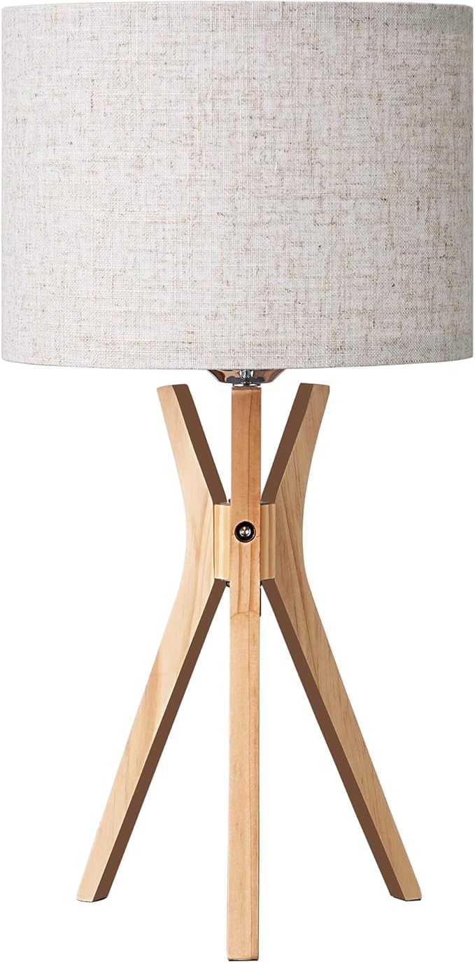 EDISHINE Tripod Table Lamp, 17.5" Modern Bedside Lamp with Natural Wood-Colored Lamp Legs & Beige Linen Lampshade, Boho Nightstand Lamp for Bedroom, Living Room, Reading Room, E26 Base