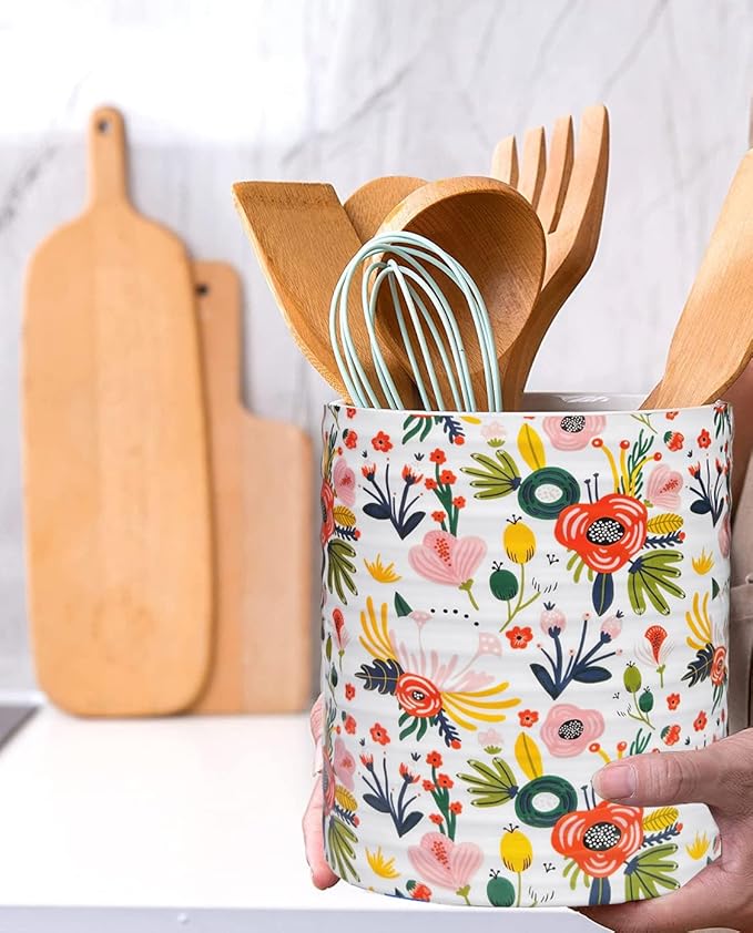 Kitchen Utensil Holder,7.2″Extra Large Stable Garden Floral Pattern Ceramic Utensil Crock,Flower Utensil Organizer for Countertop,Kitchen Decor,Utensil Holder for Housewarming,Wedding Gift