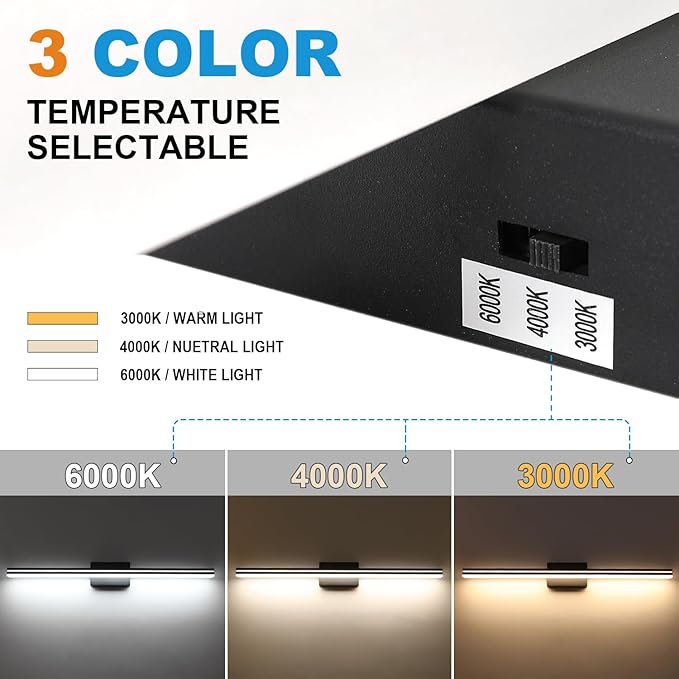 SineRise LED Modern Bathroom Vanity Light Bar (48-Inch, 3000K/4000K/6000K), Matte Black Dimmable Modern Acrylic Bathroom Wall Lighting Fixtures Over Mirror