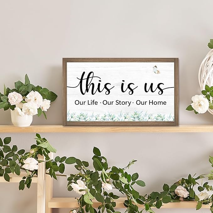This is Us Wooden Box Sign Desk Decor,Rustic Family Saying Wood Block Sign for Home Farmhouse Bedroom Shelf Tabletop Wall Decor