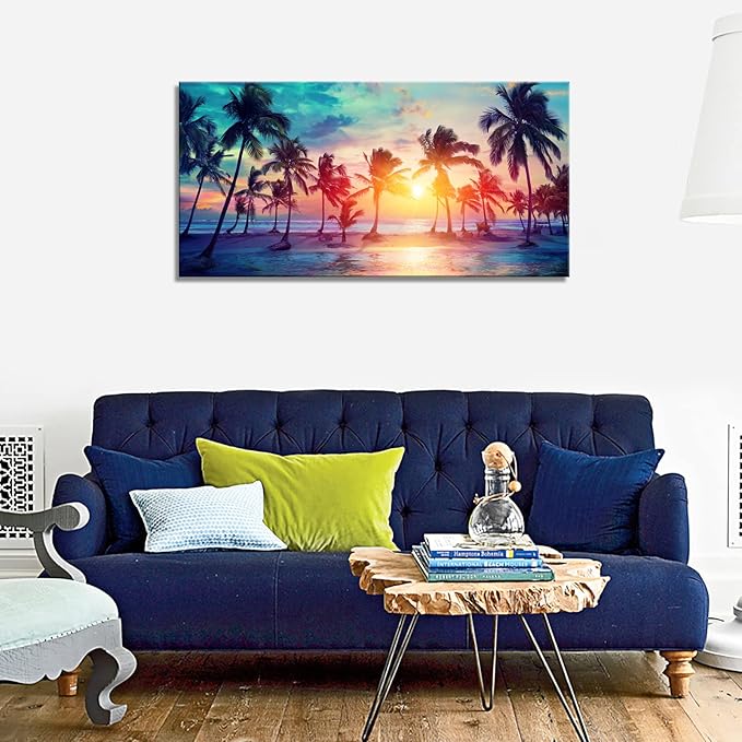 DZL Art S75550 Canvas Wall Art Palm Trees Silhouettes On Tropical Beach At Sunset Beach Seascape Painting Nature Pictures for Living Room Home Office Wall Decor Artwork
