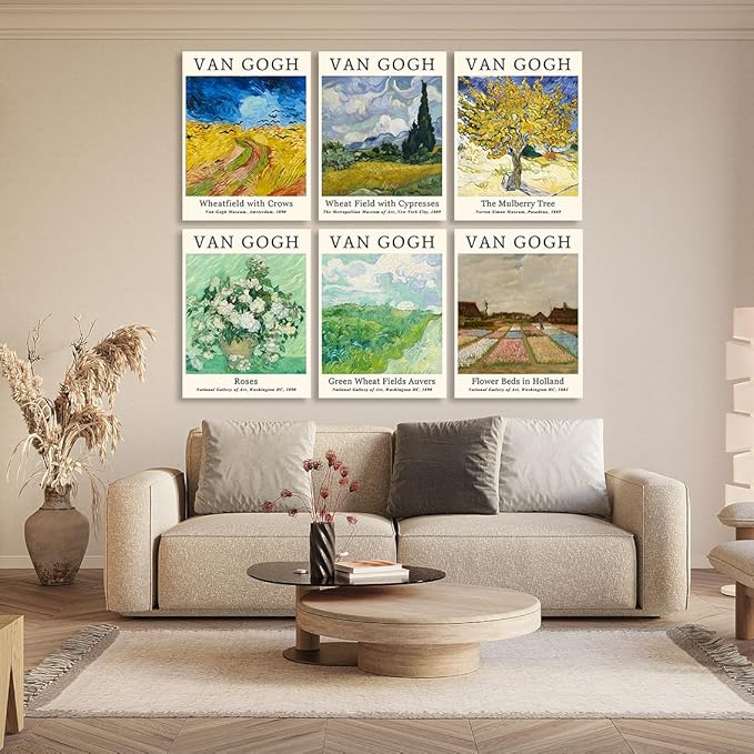 COSCTOR Set of 6 Vincent Van Gogh Wall Art Decor Canvas Vintage Retro Famous Artist Colorful Posters and Prints for Living Room Bathroom Bedroom Hallway Kitchen (Framed, 9x12)