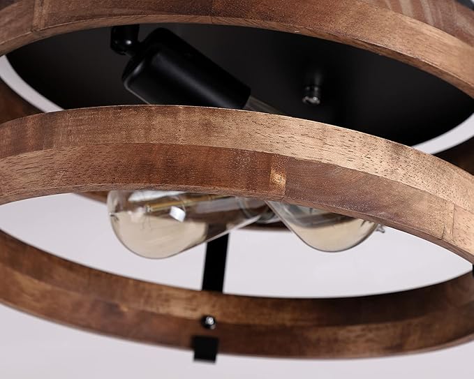 2-Light Rustic Flush Mount Light Fixture Oak Wood Round Drum Semi Flush Mount Ceiling Light for Hallway Bedroom Kitchen Entryway Farmhouse, Black