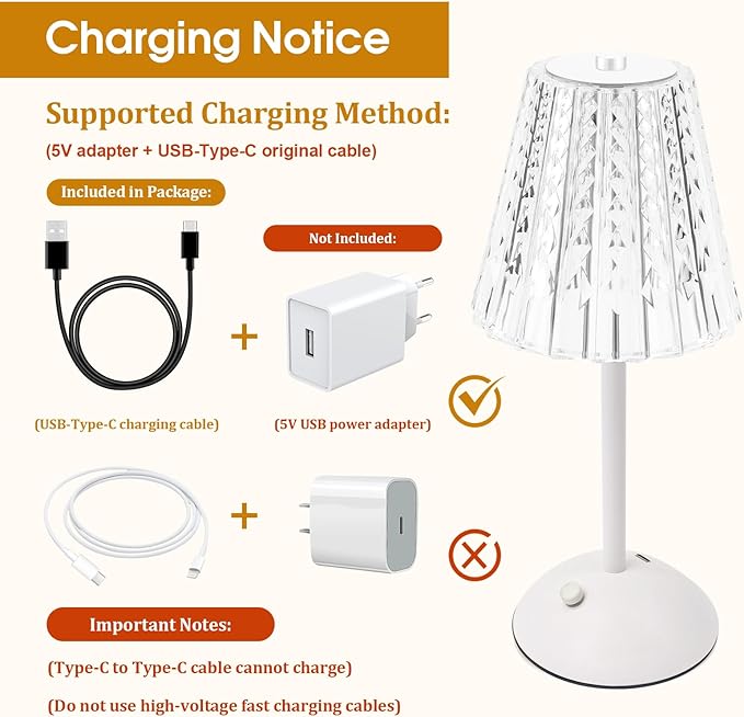 Cordless Touch Table Lamp, LED Rechargeable Small Dask Lamp, 3 Colors Dimmable Battery Operated Crysta Lamp for Bedroom Restaurant Kitchen Home Decor, White
