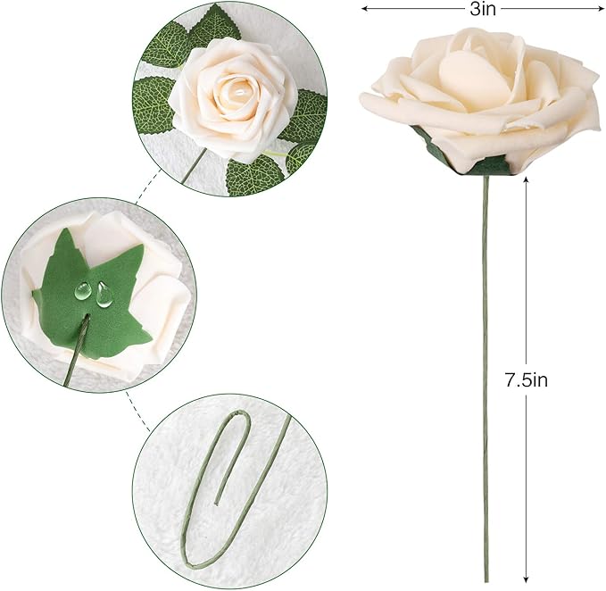 AmyHomie Artificial Flowers Champagne Rose 50pcs Real Looking Fake Roses w/Stem for DIY Wedding Bouquets Centerpieces Arrangements Party Baby Shower Home Decorations