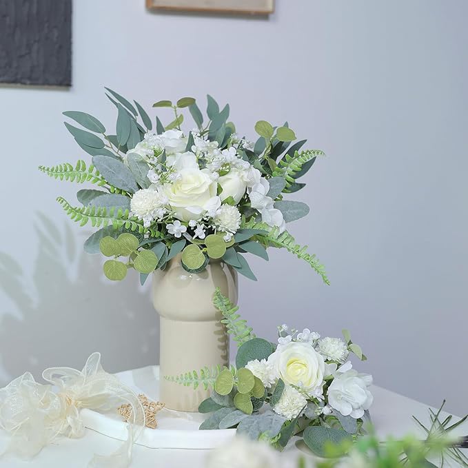 YXZZWL Artificial Greenery Stems Box Set,65 Pcs with 8 Kinds of Faux Greenery Branches Fake Eucalyptus for Wedding DIY Bouquets Floral Arrangement Table Centerpieces (Dusty Green & White)