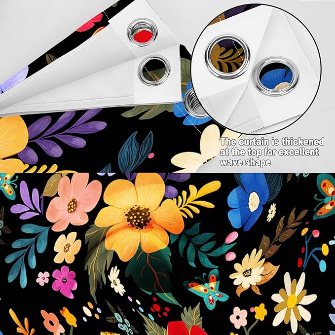 Colorful Flowers Floral Curtain Boho Pile Flowers Halloween Spring Summer Decor Women Girls Wife Mom Kids Bedroom Nursery Kitchen Dining Living Room Darkening Grommet Window Drapes 2 Panels, 52"x63"