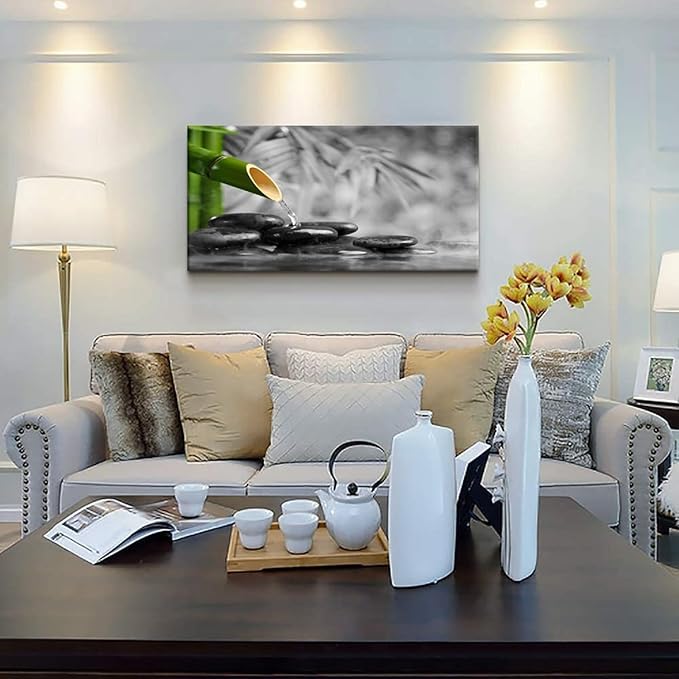 Yxbhhym Black and White Zen Canvas Wall Art Green Room Décor Stone Meditation Painting Zen Poster Prints Large Pictures for Living Room Wall Decoration Office Bedroom Wall Décor Framed Art