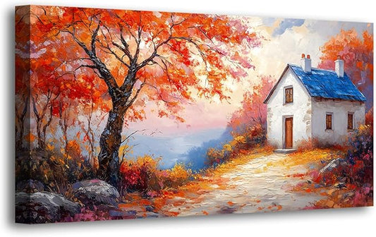 Autumn Scenery Canvas Wall Art Bedroom Wall Decor Living Room,Abstract Wall Art Office Paintings Artwork Modern Abstract Village House Red Tree Pictures Art Prints Ready to Hang-20x40inch