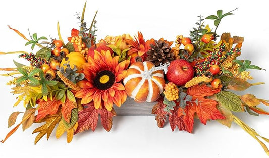 Fall Centerpieces for Tables – 28" Autumn Thanksgiving Table Decoration with Sunflowers, Pumpkins, Apples & Maple Leaves – Rustic Fall Table Decor for Home, Kitchen, Fireplace, Dining Table