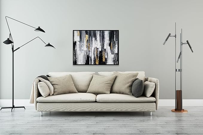 Yihui Arts Framed Black and White Hand Painted Canvas Wall Art with Gold Foil