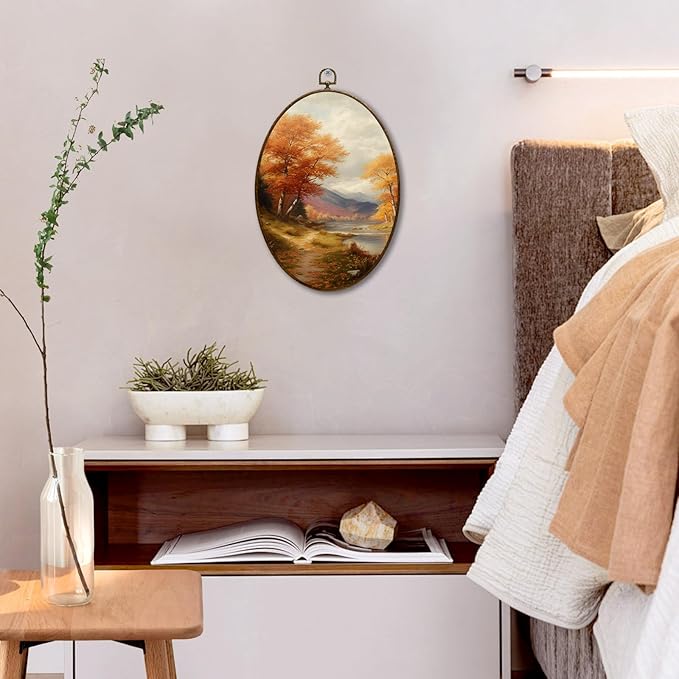 JQF Vintage Fall Oval Wall Art, Rustic Autumn Mountain Landscape Forest Oval Canvas Wall Art, Retro Moody Fall Framed Prints Hanging Decor for Home Bedroom Living Room, 8.5x11.5 Inch