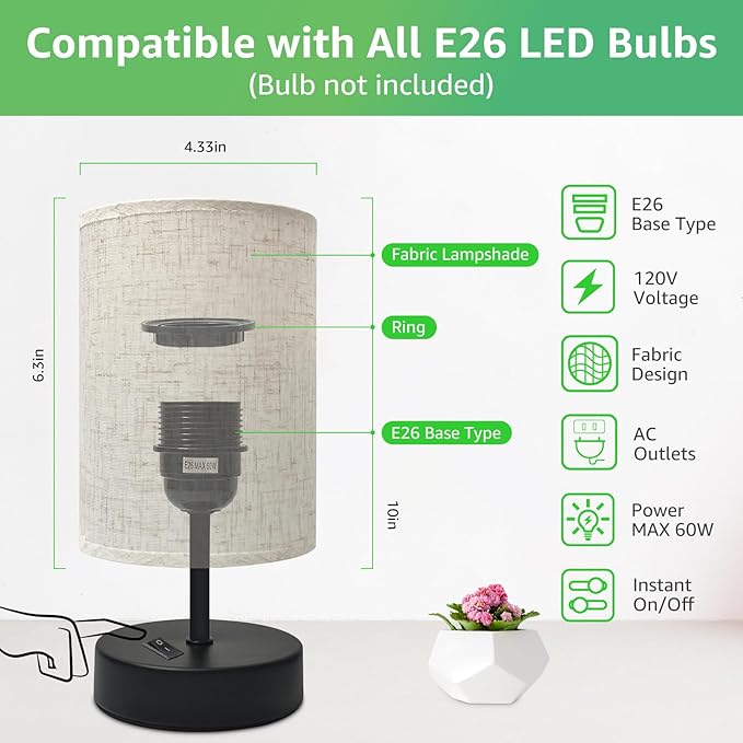 Small Bedside Lamp, Mini Minimalist Table Lamp with Round Flaxen Fabric Shade, 9 Inch Desk Reading Lamp for Bedroom, Living Room, Office, 1 Pack