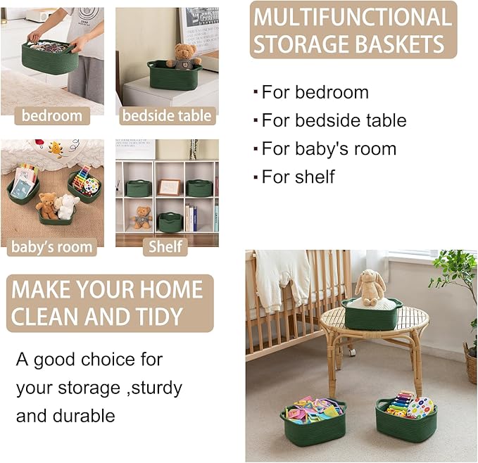 OIAHOMY Cotton Rope Woven Baskets for Storage, Nursery Rectangle Storage Basket with Handles for Shelves, Pack of 3, Green