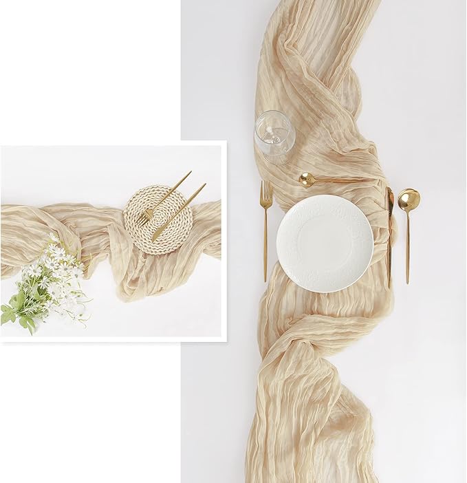 FEXIA 10 Pack Beige Gauz Table Runner 35x120 Inches Ivory Cheesecloth Rustic Boho Table Runner for Bridal Shower Wedding Party First Communion Centerpiece Engagement Rustic Boho Decoration