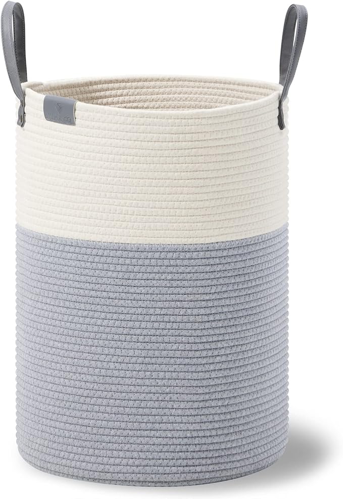 VIPOSCO Tall Laundry Basket, Large Dirty Clothes Hamper with Leather Handle, Woven Rope Storage Basket for Blanket, Toy In Living Room, Bathroom, Bedroom - 58L Grey & White