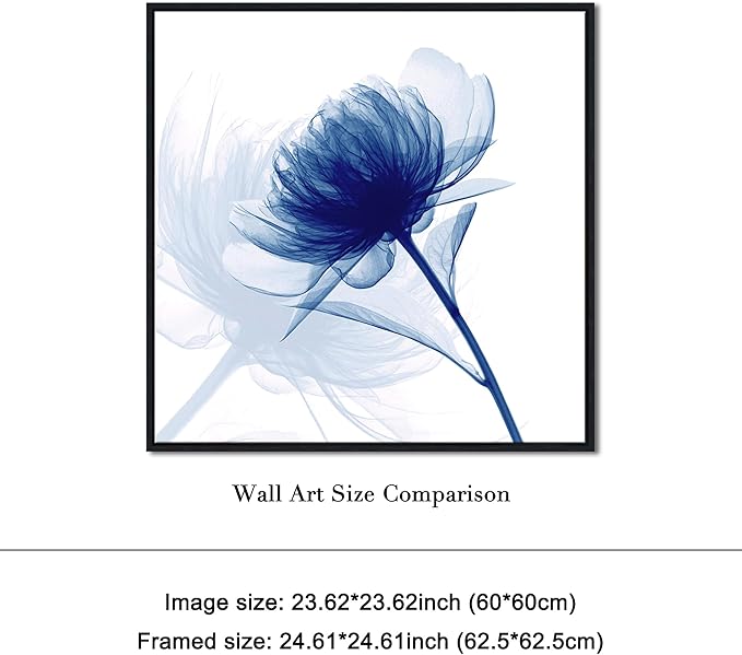Pyradecor Large Black Framed Wall Art Blue Flickering Flower Grace Floral Pictures on Canvas Prints One Panel Artwork for Bedroom Office Home Decorations