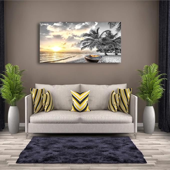 Black and White Beach Pictures Canvas Wall Art for Living room Bedroom Wall Decor,Seascape Wall Art Print Paitnings for home Decor,Morden Artwork Sunset Canvas Art Waterproof Stretched Ready to