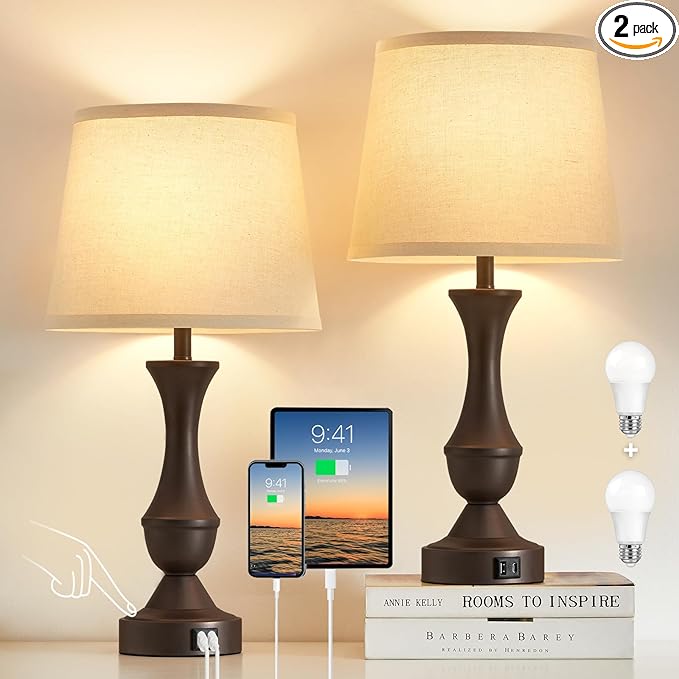 Luvkczc 22" Table Lamp Set of 2 - Vintage Brown Bedside Lamp with Beige Fabric Shade, 3-Way Dimmable, USB C+A Ports, Nightstand Lamp for Living Room Bedroom (Bulb Included)