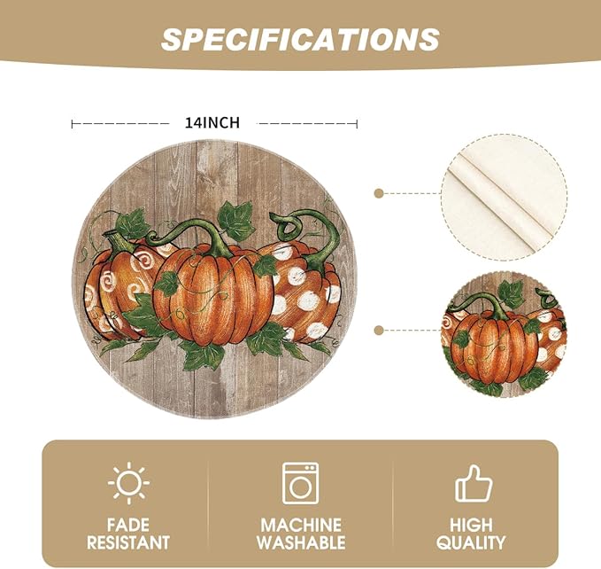 Artoid Mode Wood Pumpkins Fall Round Placemats Set of 4,14 Inch Seasonal Round Place Mats for Party Dining Decoration