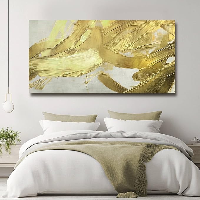 VAYIMDH Minimalist Room Decor Abstract Canvas Pictures Gold Painting on White Background 29"x 58" Large Wall Art for Living Room Bedroom Home Decorations