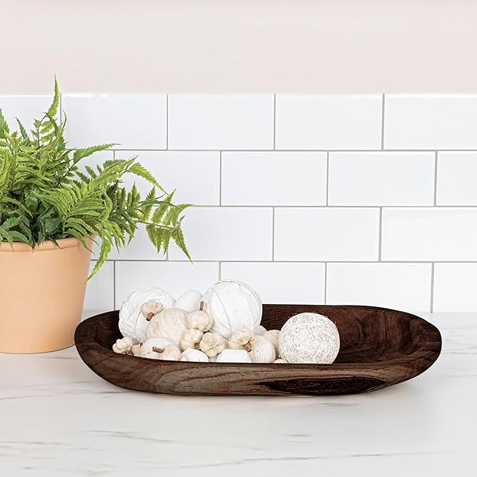 Wooden Dough Bowl Decor, Key Decorative Centerpiece Bowl, Hand Carved Baguette Bowl, Home Decor for Dining Table Center, Living Room, Kitchen (L14.6*W10.2*H0.8 inches) Squircle-Brown