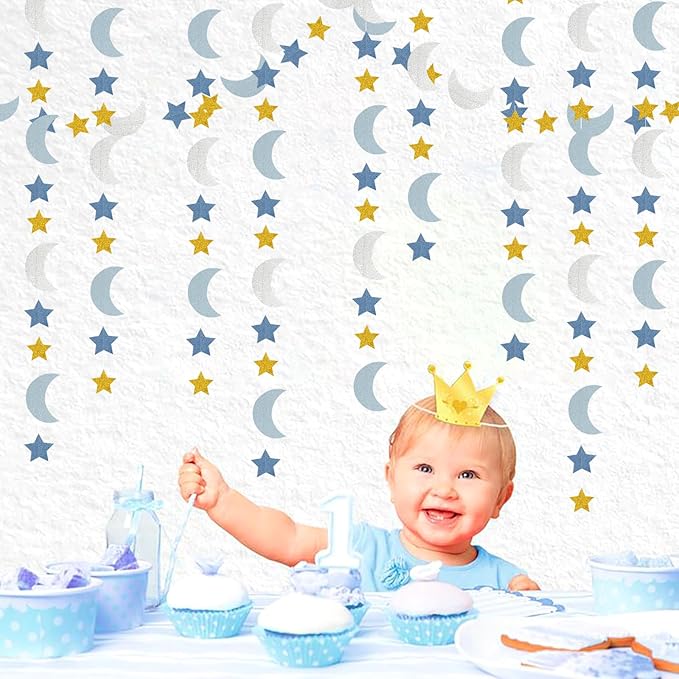 Blue-Gold Silver Party-Decorations Moon-Star Garland - 62Ft Twinkle Little Star Hanging Streamers Banner,Eid Ramadan Mubarak Decoration Birthday Wedding Baby Shower Decor Panduola