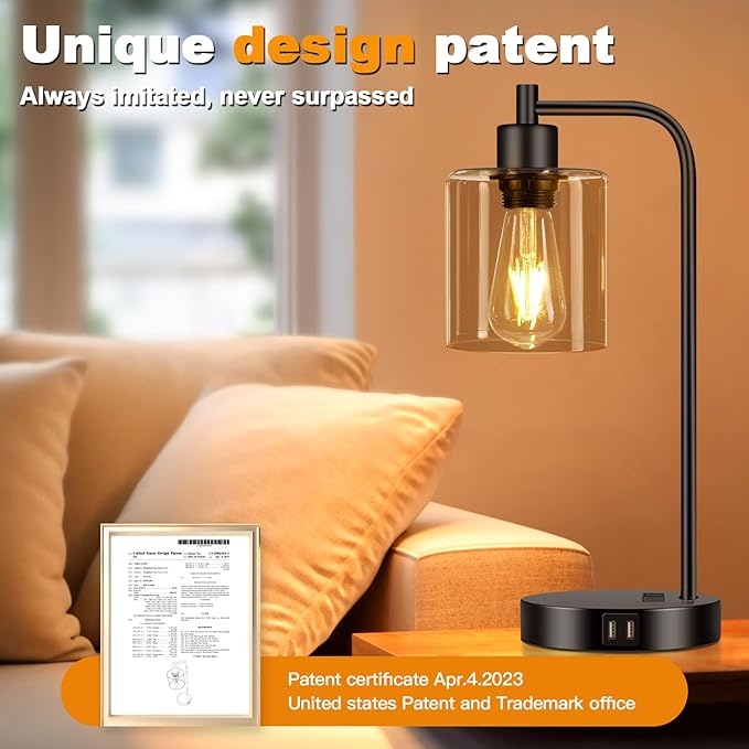 Set of 2 Industrial Touch Control Table Lamps with 2 USB Ports and AC Outlet - 3-Way Dimmable Black Bedside Lamp Nightstand Desk Lamps for Bedroom Living Room, Amber Glass Shade & 2 LED Bulbs Included