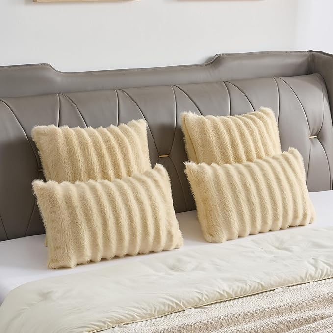 FUTEI Beige Decorative Throw Pillow Covers 26x26 Inch Set of 2,Soft Fluffy Faux Mink Fur Dyeing Striped Textured Euro Pillow Shams,Modern Home Decor for Couch Bed Living Room