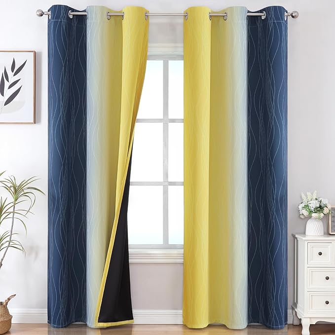 Estelar Textiler Yellow and Navy Blue Ombre Blackout Curtains for Living Room, Thermal Insulated Gradient Blackout Drapes, Full Room Darkening Energy Saving Curtains for Bedroom, 42Wx84L, 2 Panels