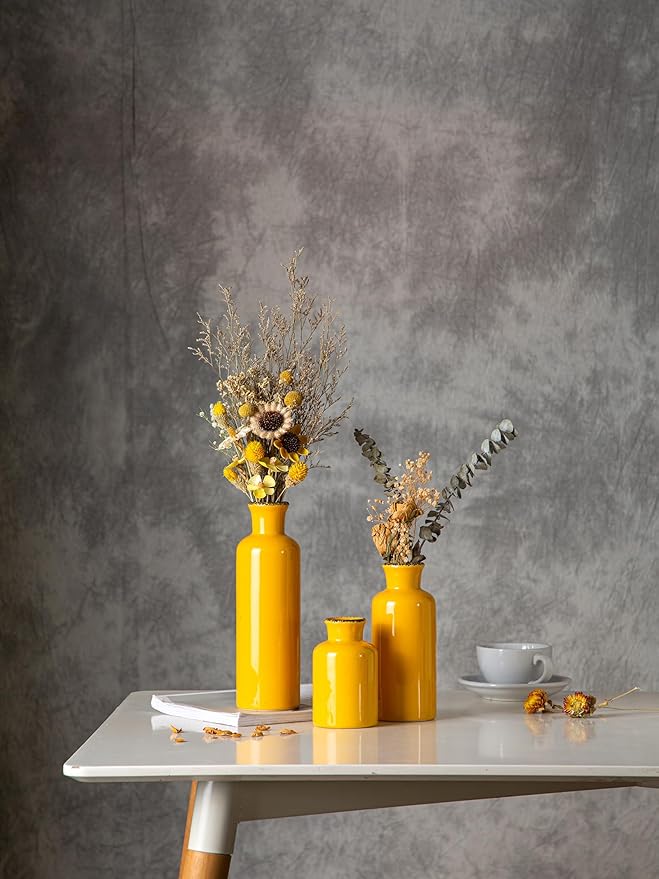 CwlwGO- Yellow Ceramic Vase Set,Modern Decorative Vases for Home Decor, Kitchen&Living Room Table Décor,Fireplace & Entrance centerpieces Decorations.