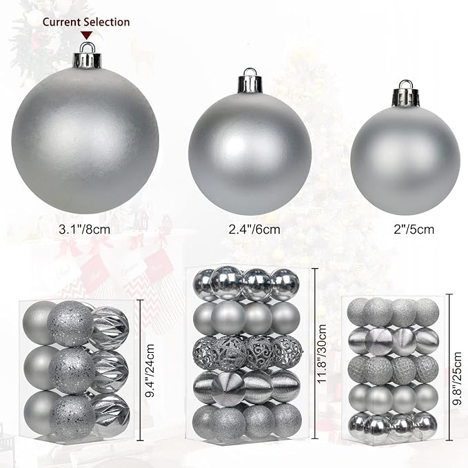 12PCS 3.15" Christmas Ball Ornaments Shatterproof Silver Christmas Tree Decorations Xmas Tree Balls Halloween Ornaments Décor