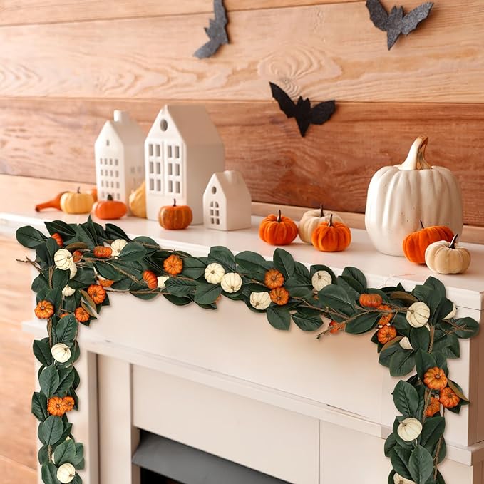Zeyune 2 Pcs 6ft Fall Decor Fall Garland with Pumpkins Artificial Mixed Magnolia Leaves Farmhouse Hanging Rustic Autumn Garlands Decor for Front Door Kitchen Fireplace Home Indoor Outdoor
