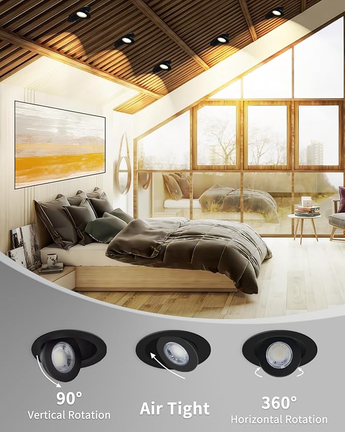 Adetu 4 inch 5CCT Gimbal Black Led Recessed Lights, 360°+90° Adjustable Directional Recessed Lighting, 2700K/3000K/3500K/4000K/5000K Dimmable Retrofit Eyeball Can Lights with Jbox, ETL(Black, 6 Pack)