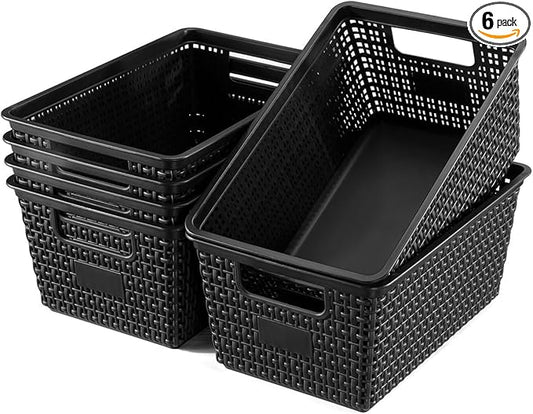 Set of 6 Baskets For Organizing, Plastic Storage Bins and Small Basket for Organization and Storage Shelves Drawers Desktop Closet Playroom Classroom Office, Black