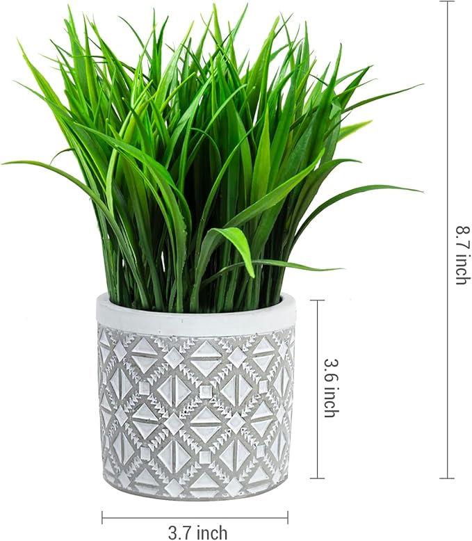 MyGift 9 Inch Artificial Green Grass Plants in Modern Concrete Pot with Geometric Embossed Pattern, Faux Greenery Plant Centerpiece Decorative Round Planter