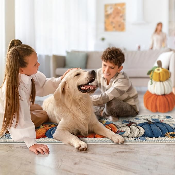 Fall Blue White Pumpkin Kitchen Rugs Set of 2, Autumn Sunflower Stripes Kitchen Mats Decor, Thanksgiving Seasonal Floor Door Mat Home Decorations - 17x29 and 17x47 Inch