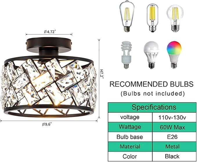Crystal Ceiling Light Fixture, Modern Semi Flush Mount Ceiling Light,Crystal Chandelier for Kitchen Bedroom Bathroom Entryway, Black Finish
