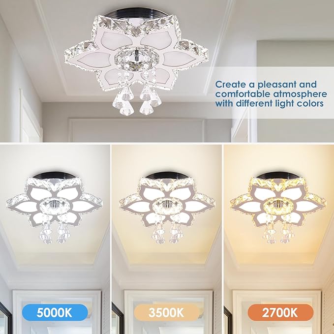 FRIXCHUR 13.4" Crystal Chandelier Crystal Ceiling Light Modern LED Flush Mount Chandeliers Light Fixture Flower Shape Ceiling Lamp for Bedrooms Living Dining Room 2700K/4000K/6500K Changeable Color