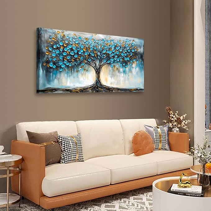 Blue Tree Pictures Canvas Wall Art for Living room Office Bedroom Wall Decor,Abstract Wall Art Print Modern Noble Blue Tree Oil Painting Artwork Waterproof Ready to Hang-20x40inch