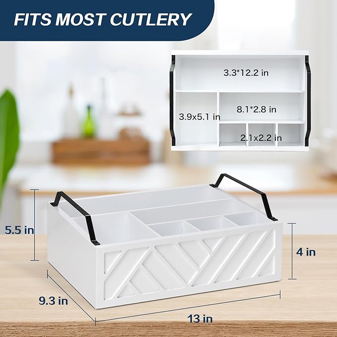 Paper Plate Dispenser and Holder for Kitchen Counter, Wood Rustic Silverware Utensil Caddy, Cutlery Flatware Organizer Box for Cups Spoons Forks Napkins, Kitchen Accessories (White)