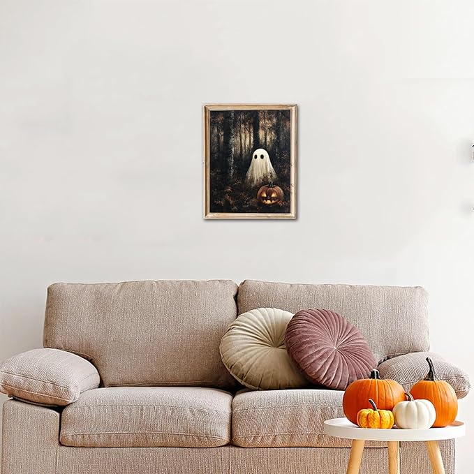 RETRART Vintage Halloween Ghost Wall Decor Pumpkin Head Wall Art Print 8x10 inch Horror Decor, for Bedroom, Kitchen Spooky Wall Decor, Moody Fall Forest Gallery Style Canvas Picture -Unframed