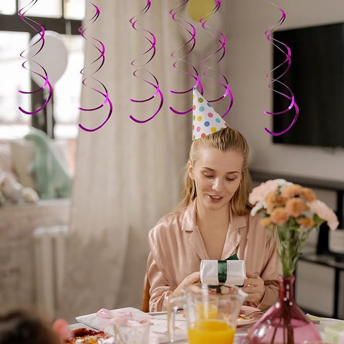 30 Pieces Hot Pink Party Hanging Swirl Decoraions Foil Swirl Hanging Decoration Plastic Streamers Ceiling Decorations Wedding Baby Shower Birthday Party Favors