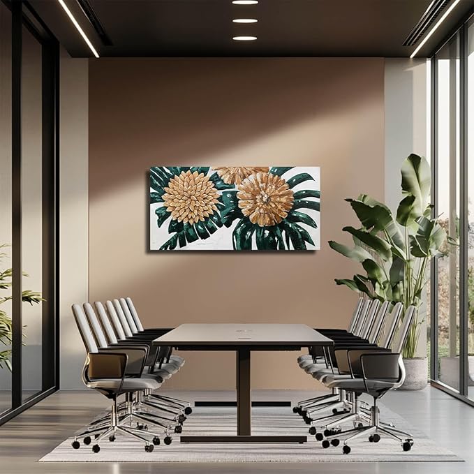 Botanical Canvas Art Gold Flowers Painting Dark Green Leaves Wall Art Photo Prints for Dining Room Office 24x48 Inch Rustic Home Decor