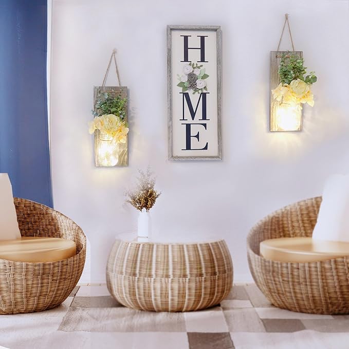 Besuerte Modern Farmhouse Wall Decor Set of 2, Rustic Wall Art Living Room Decor with Led Fairy Lights and Rose Flowers, Country Home Decor Gifts, X-Large Rustic Grey