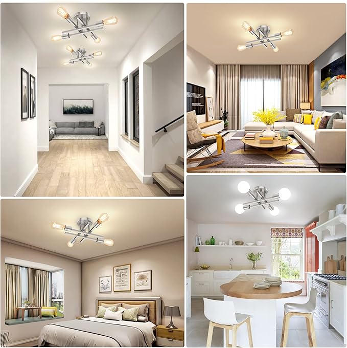 Brushed Nickle Semi Flush Mount Ceiling Lights, 4-Light Modern Industrial Sputnik Chandelier Light Fixture, Silver Flush Mount Light for Kitchen Bedroom Living Room Dining Room Closet, E26 Bulb Socket