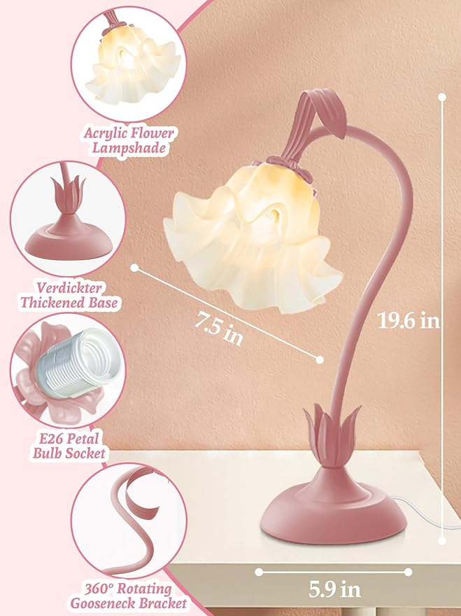 Flower Table Lamp Bedside Lamps LED Reading Light,3 Color Modes Cute Small Lamp,Vintage Flower Lamp Nightstand Lamp Kawaii Table Lamp for Bedroom Living Room Office Dorm Desk Home Decor (pink lamp)