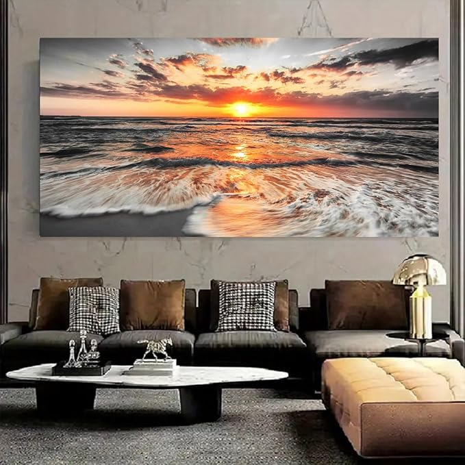 Yxbhhym-Large Pictures for Living Room Wall Decor Beach Wall Art Black and White Ocean Room Decor Sunset Canvas Prints Art Seascape Prints Poster Painting for Bedroom Wall Art Home Office Decoration