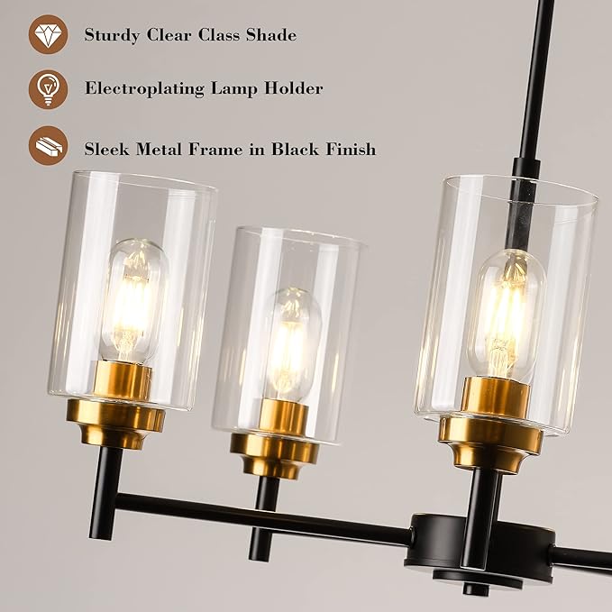 Kitchen Island Lighting - 5 Lights Modern Glass Chandelier for Dining Room, Farmhouse Pendant Light Over Table for Foyer Living Room Bedroom (Black and Gold)